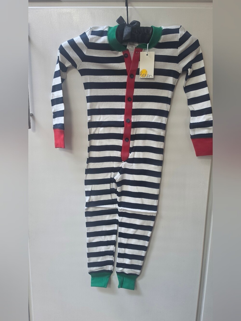 Mini Boden Navy & White Stripe One-Piece Pajamas with Red Trim Size 4y